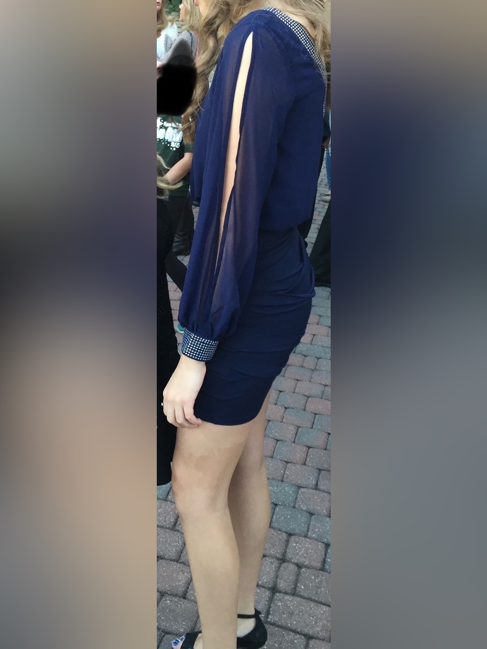 City Studio Navy Mini Cocktail Dress w/Sheer Balloon Sleeves & Studded Detail
